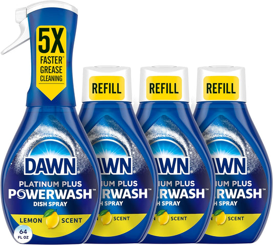Powerwash Spray, Dish Soap, Dishwashing Liquid, Cleaning Supplies, Lemon, 1 Starter Kit + 3 Refills, 4 Units of 16Oz (64Oz)