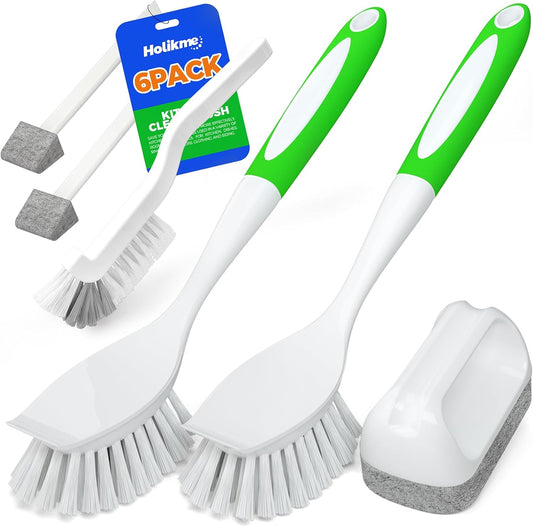 6 Pack Dish Brush with Handle Kitchen Cleaning Brush Set for Pot, Pan, Kitchen Sink (Green)