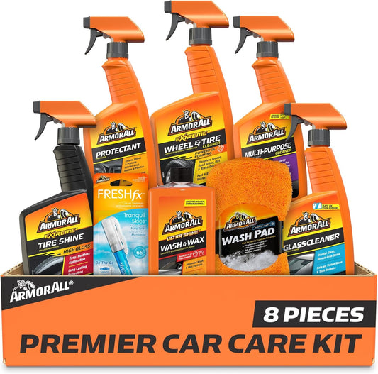 Premium Car Care Kit, Includes Extreme Tire Shine, Protectant, Multi-Purpose Cleaner, Car Wax & Wash Kit, Glass Cleaner, Car Air Freshener, Tire & Wheel Cleaner and Wash Pad, 8 Count